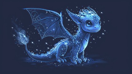  a blue dragon sitting in the middle of the night with stars on it's chest and wings spread out.