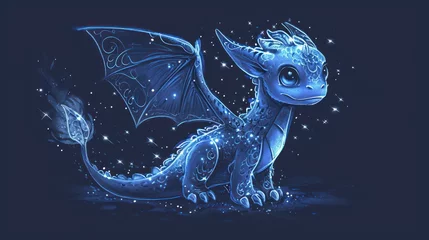Tuinposter  a blue dragon sitting in the middle of the night with stars on it's chest and wings spread out. © Shanti