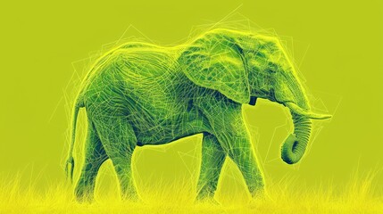  a green elephant standing on top of a grass covered field with lines in the shape of an elephant's trunk.