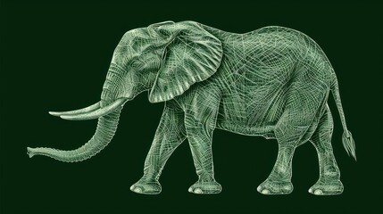  a drawing of an elephant is shown on a black background with a green background and a white line drawing of an elephant on the right side of the elephant.