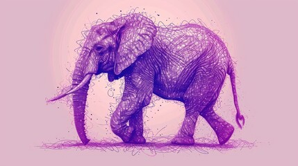  a drawing of an elephant on a pink background with a circle of dots in the middle of the image and a line of dots in the middle of the elephant's trunk.