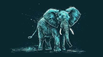  a drawing of an elephant is shown on a dark background with a splash of paint on the bottom of the image.