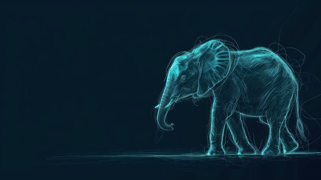  a drawing of an elephant standing in a dark room with a blue light coming from the elephant's trunk.