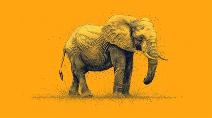  a drawing of an elephant standing in a field of grass with a yellow back ground and a yellow back ground.