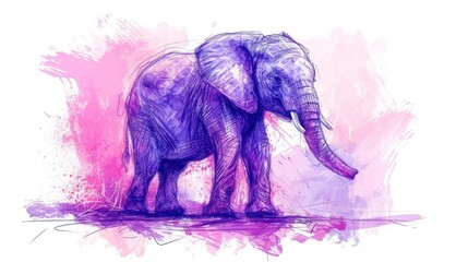  a drawing of an elephant standing on a pink and purple watercolor background with a splash of paint on it.
