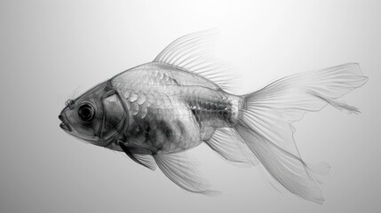  a black and white photo of a fish on a light gray background with a reflection of the fish in the water.