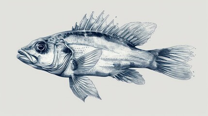  a black and white drawing of a fish with its mouth open and it's head turned to the side.