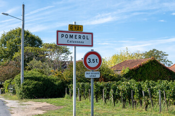 City road sign in Pomerol village, production of red Bordeaux wine, Merlot or Cabernet Sauvignon...