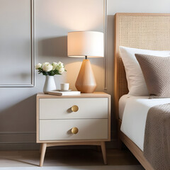 Wooden bedside drawer nightstand near bed. interior design of modern bedroom.