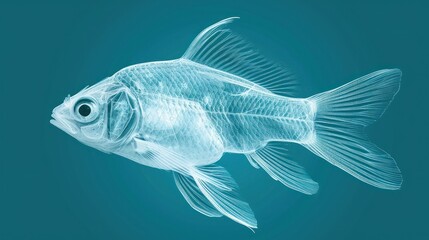  a close up of a fish on a blue background with a reflection of it's body in the water.