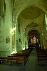 Views of interior of old church of medieval town St. Emilion, production of red Bordeaux wine on cru class vineyards in Saint-Emilion wine making region, France, Bordeaux