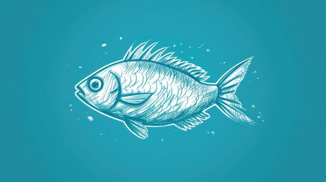  a black and white drawing of a fish on a blue background, with bubbles in the bottom half of the image.