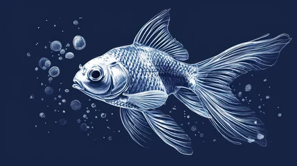 Fotobehang  a black and white drawing of a goldfish with bubbles of water on it's side and a blue background. © Shanti