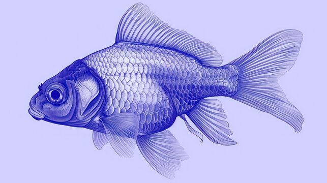  a drawing of a blue fish on a light blue background with a black spot on the side of the fish's head.