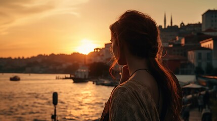 Rear view of woman watching sunset in Istanbul, woman traveling in summer Turkey, woman looking at scenery in Turkey, faceless travel footage, summer travel, travel in Europe