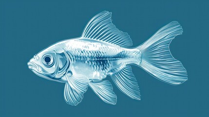  a close up of a fish on a blue background with a reflection of it's body in the water.