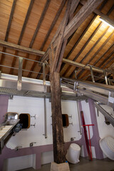 Concrete tanks for first fermentation of grapes, Bordeaux Saint-Emilion wine making region picking, sorting with hands and crushing Merlot or Cabernet Sauvignon red wine grapes, France