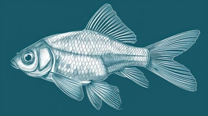  a black and white drawing of a fish on a blue background with a white outline of a fish's head.