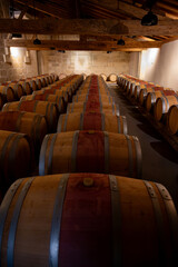 French oak wooden barrels for aging red wine in cellar, Saint-Emilion wine making region picking, sorting with hands and crushing Merlot or Cabernet Sauvignon red wine grapes, France, Bordeaux