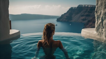 Rear view of woman looking at scenery in infinity pool, woman traveling in mediterranean sea in...