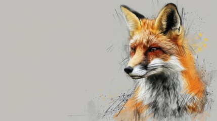  a close up of a fox's face on a gray background with yellow splats on the left side of the image.