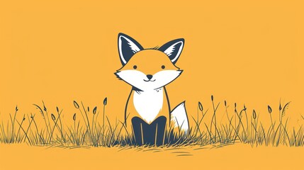  a drawing of a fox sitting in a field of tall grass on a yellow background with grass growing in the foreground.
