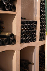 Wine bottles depository in underground cellar, Saint-Emilion wine making region picking, cru class Merlot or Cabernet Sauvignon red wine grapes, France, Bordeaux
