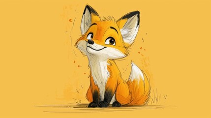  a drawing of a cute little fox sitting on the ground with its eyes closed and a smile on it's face.