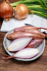 French long pink shallots grappe onion from Brittany, France