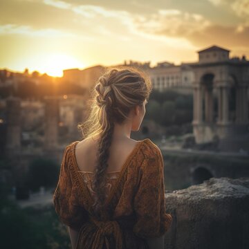 Rear view of woman watching sunset in Rome, woman traveling in Italy in summer, woman looking at scenery in Italy, faceless travel footage, summer travel, travel in Europe