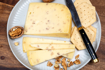 Piece of Dutch Gouda cheese made from cow milk with added walnuts close up