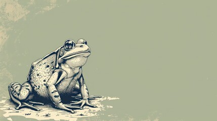  a drawing of a frog sitting on the ground with its head turned to the side, with a light green background. - obrazy, fototapety, plakaty