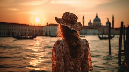 Rear view of woman watching sunset in Venice, woman traveling in Italy in summer, woman looking at scenery in Venice, faceless travel footage, summer travel