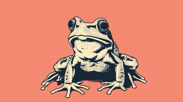  a drawing of a frog sitting on top of a pink background with a black outline on the bottom of the frog's head.