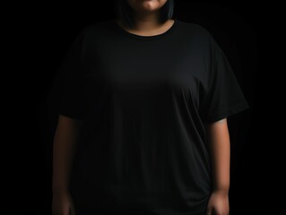 Woman plus size in black t-shirt, black t-shirt plus size mockup, faceless plus size female model showing black t-shirt on white background, mockup template for design print