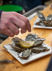 Catch of the day for sale on daily fish market, fresh oysters, Cancale, Brittany, France