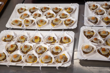 Degustation appetisers for visitors made by great chefs of high cuisine French restaurants, winter festival, Avenue de Champagne, Epernay, France