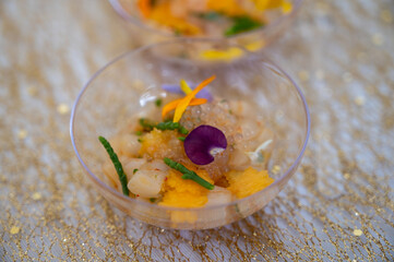 Degustation appetisers for visitors made by great chefs of high cuisine French restaurants, winter...