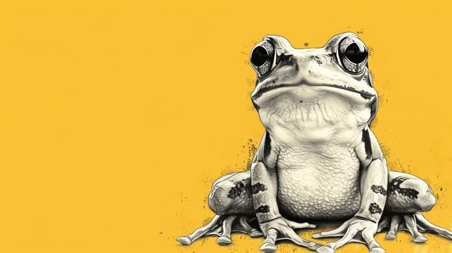  a black and white picture of a frog on a yellow background with a black and white picture of a frog sitting on the ground.