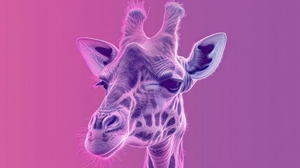  a close up of a giraffe's face on a pink and purple background with a blurry effect.