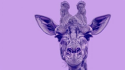  a close up of a giraffe's face on a purple and purple background with a black border.