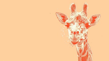  a close up of a giraffe's face on an orange background with water splashing on it.