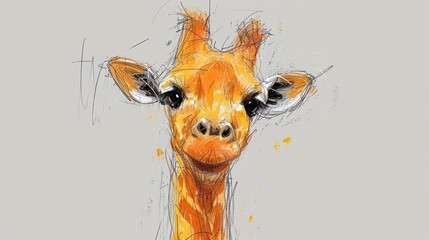  a close up of a giraffe's face with a gray background and yellow paint splattered on it.