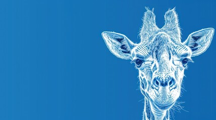  a close up of a giraffe's face on a blue background with a sky in the background.