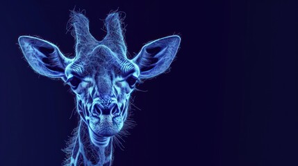  a close up of a giraffe's face on a black background with a blue hued background.