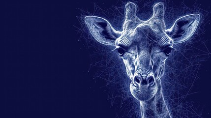  a close up of a giraffe's face on a dark blue background with lines in the background.