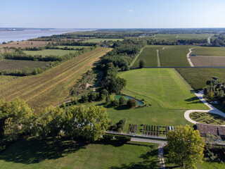 Aerial view on vineyards, Gironde river, wine domain or chateau in Haut-Medoc red wine making region, , Bordeaux, left bank of Gironde Estuary, France