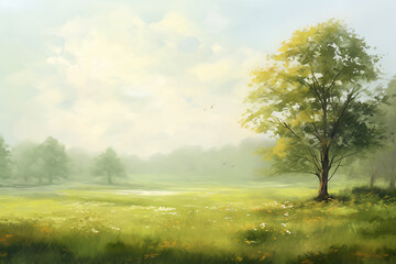 Obraz premium Spring Awakening: Illustration Landscape with Bright Fresh Look, Trees, and Blue Sky