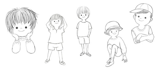 元気な子どもの鉛筆画　手描きイラスト　男の子