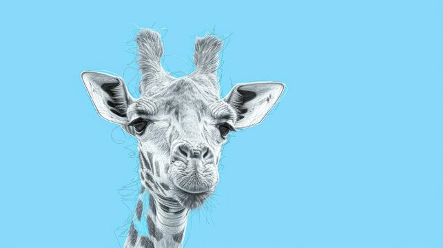  a close up of a giraffe's face on a blue background with a black and white drawing of a giraffe's head.